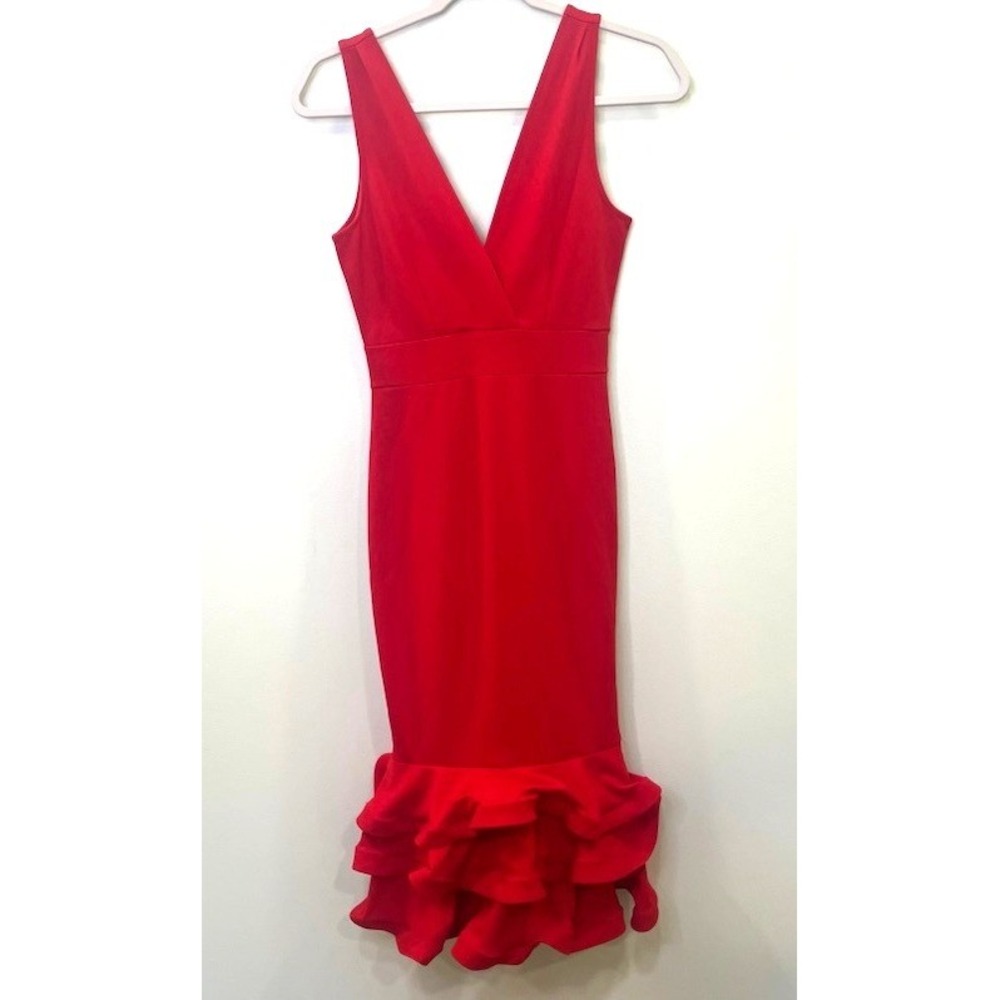Haute Monde Red Mermaid Ruffle Midi Dress VNeck Bodycon S Prom HoCo Special